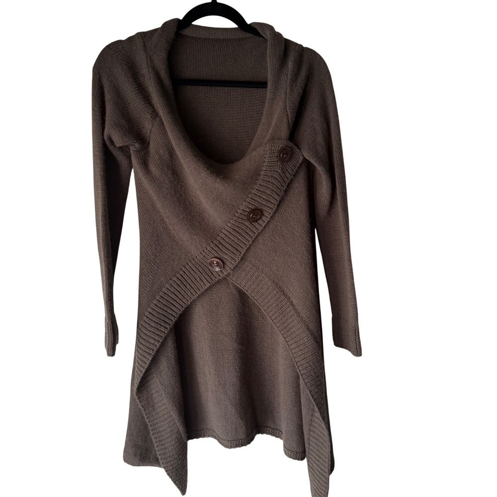 Chunky‎ Knit Drape Front Cardigan Sweater Tunic Brown Asymmetrical Button M